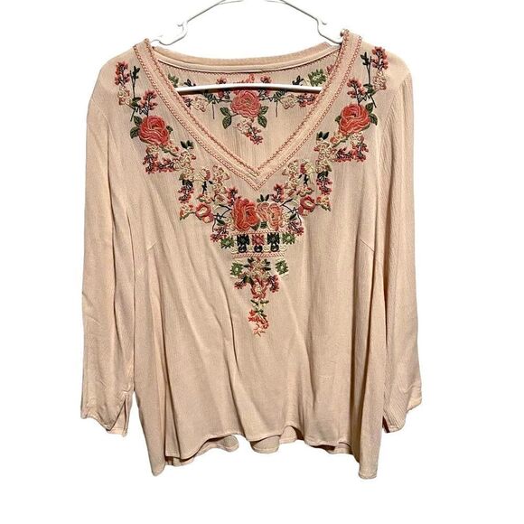 NO BRAND- Women’s Blush Pink Boho Blouse with Embroidered Florals, Size Large - Picture 8 of 8